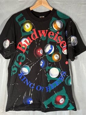 Vtg 1992 Jerzees Budweiser Billiards T-Shirt Sz Large Black Made in USA Cotton